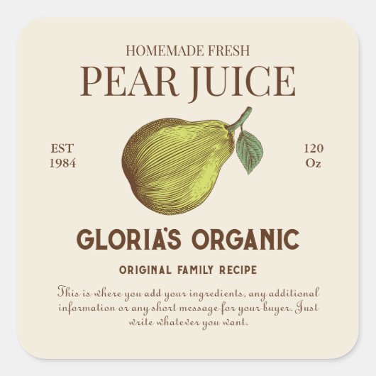 peer vruchtensap Aangepast productlabel Vierkante Sticker (Voorkant)