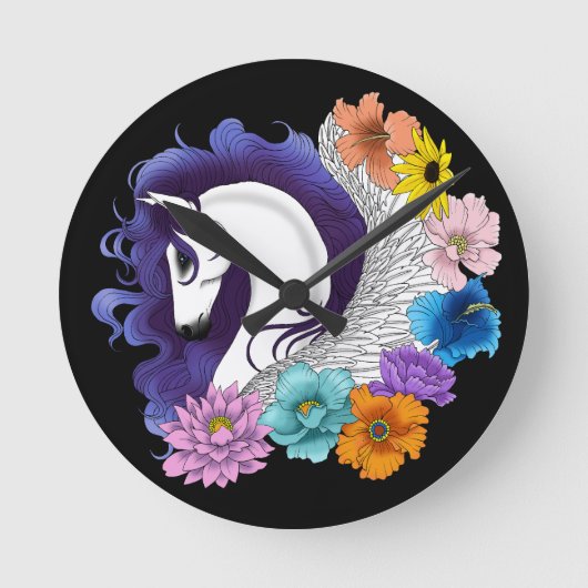 Pegasus Black Floral Ronde Klok (Voorkant)
