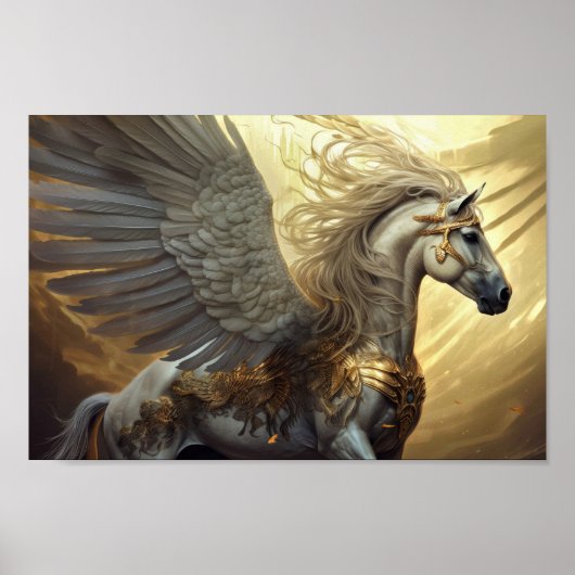 Pegasus de Winged Horse in Gulden en Grays Poster (Voorkant)