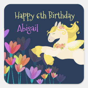 Pegasus en Colorful Flowers vliegende paard Birthd Vierkante Sticker