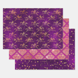 Pegasus & Gouden Bloempatroon in Paars & Roze Inpakpapier Vel