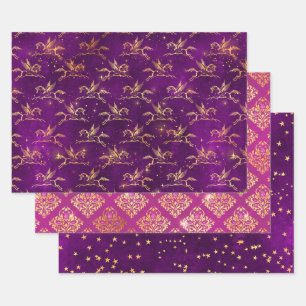 Pegasus & Gouden Bloempatroon in Paars & Roze Inpakpapier Vel