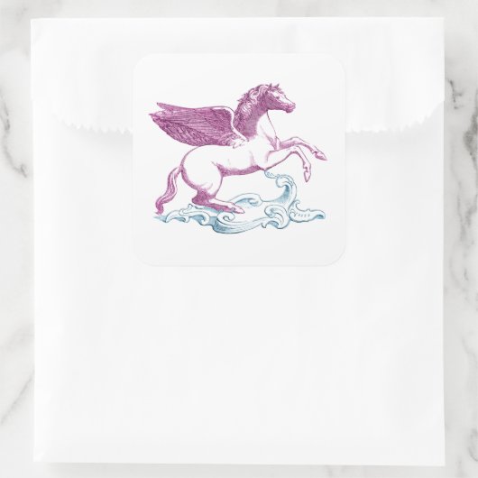 Pegasus op wolken vierkante sticker (Tas)