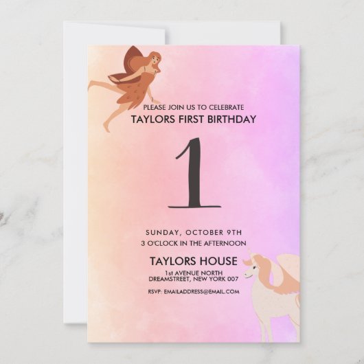 Pegasus Unicorn Cute 1st Birthday Party Kaart (Voorkant)