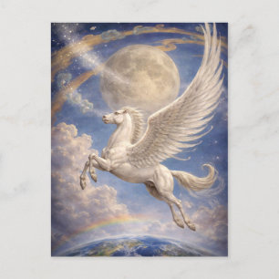 Pegasus vliegt tussen aarde en maan Fantasie Kunst Briefkaart