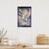 Pegasus vliegt tussen aarde en maan Fantasie Kunst Poster (Keuken)