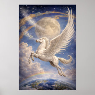 Pegasus vliegt tussen aarde en maan Fantasie Kunst Poster