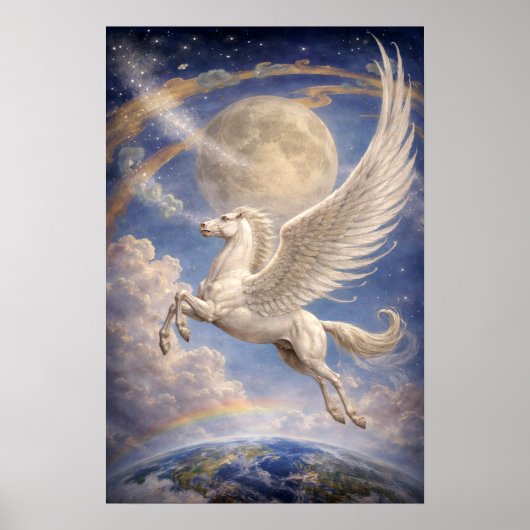Pegasus vliegt tussen aarde en maan Fantasie Kunst Poster (Voorkant)