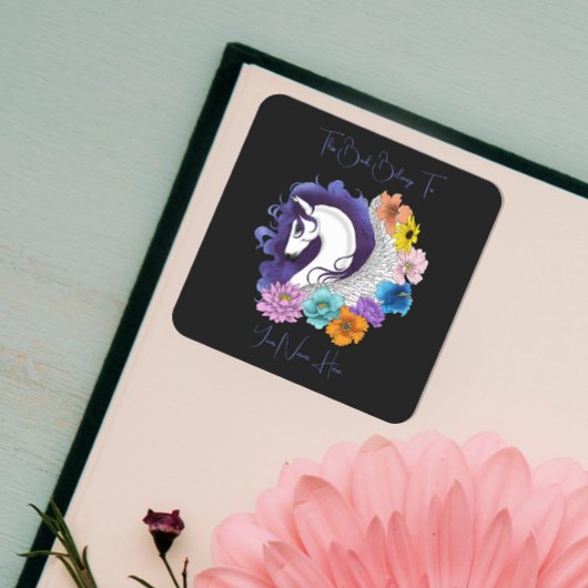 Pegasus Zwart Bloem Boekplaat Vierkante Sticker