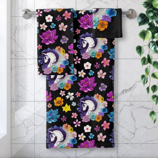 Pegasus Zwart Bloemmotief Bad Handdoek
