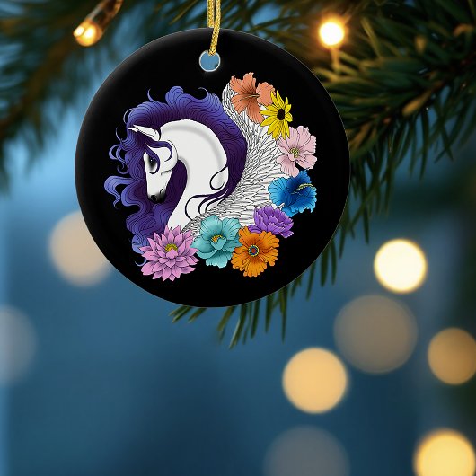 Pegasus Zwart Bloemmotief Keramisch Ornament