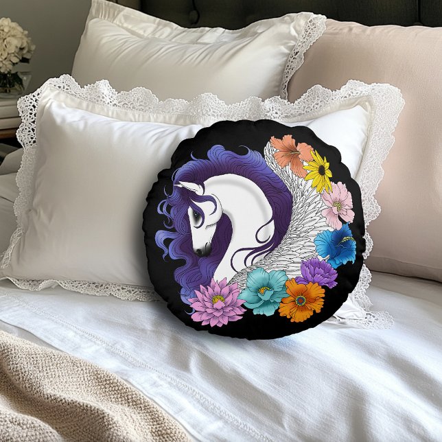 Pegasus Zwart Bloemmotief Rond Kussen (Creator heeft geüpload)