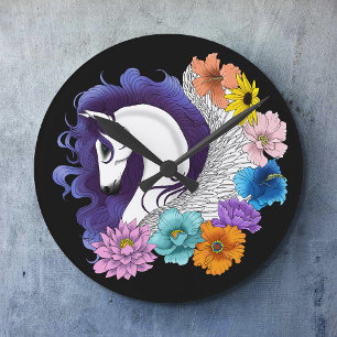 Pegasus Zwart Bloemmotief Ronde Klok