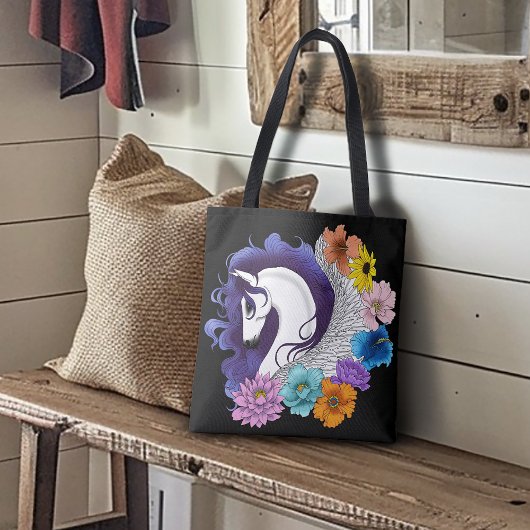 Pegasus Zwart Bloemmotief Tote Bag