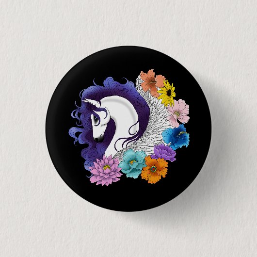 Pegasus Zwarte Bloemen Ronde Button 3,2 Cm (Voorkant)