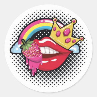 pegatina,boca roja con frutilla, corona y arcoiris ronde sticker