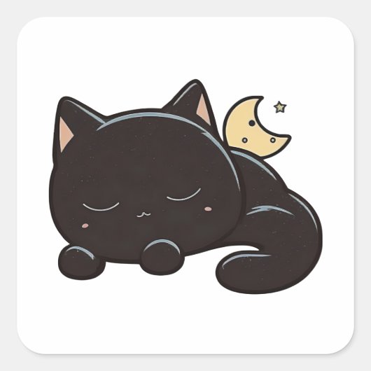Pegatina con Gato Negro Dormido Kawaii Vierkante Sticker (Voorkant)