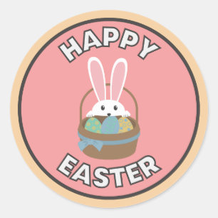 Pegatina de felices pascuas con canasto y conejo ronde sticker