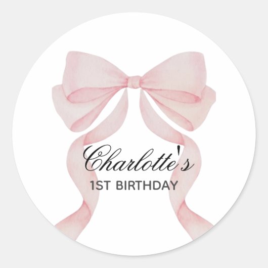 Pegatina Pink Bow Girl First Birthday Ronde Sticker (Voorkant)