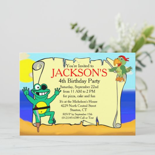 Pegleg Frog Pirate Parrot Verjaardag Uitnodiging (Staand voorkant)