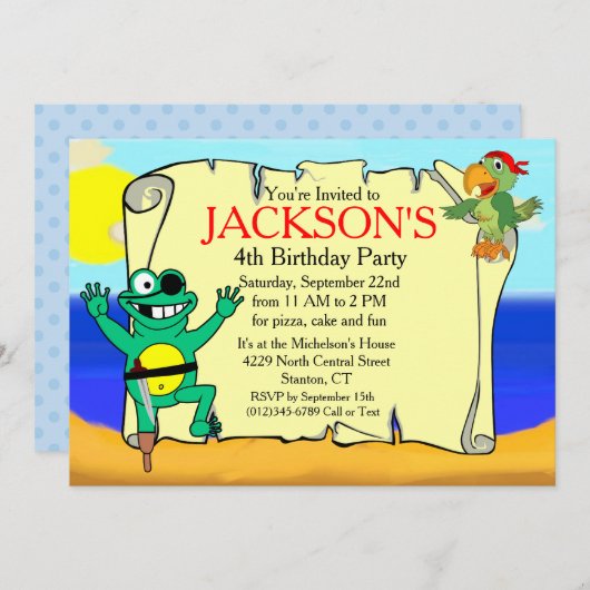 Pegleg Frog Pirate Parrot Verjaardag Uitnodiging (Voorkant / Achterkant)