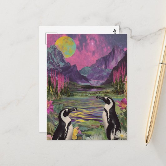 Peguins Surreal Gemengde media Briefkaart (Voorkant / Achterkant in situ)