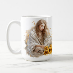 PEINZIGE WATERVERF HERFSTMEEISJE MET BIOND HAAR KOFFIEMOK