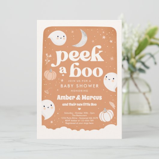 Pek A Boo Gender Neutral Ghost Baby shower Invita Kaart (Staand voorkant)