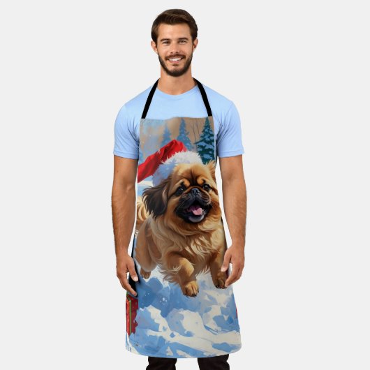 Pekinees Hond Hardlopen In Sneeuw Met Kerst Pet Schort (Gedragen)