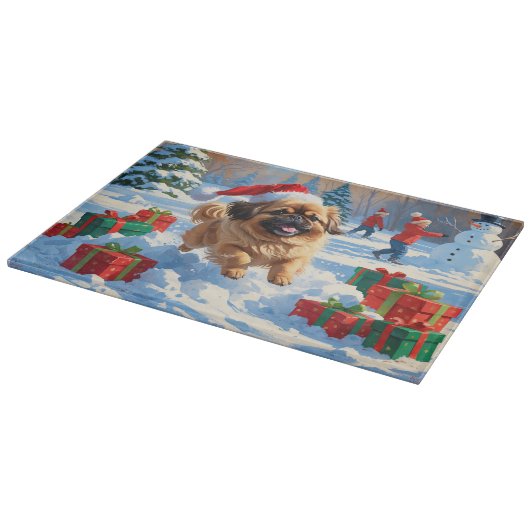 Pekinees Hond Hardlopen In Sneeuw Met Kerst Pet Snijplank (Hoek)