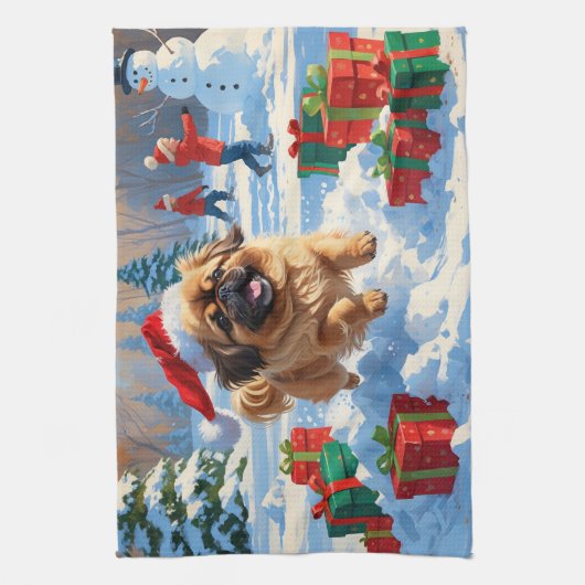 Pekinees Hond Hardlopen In Sneeuw Met Kerst Pet Theedoek (Verticaal)