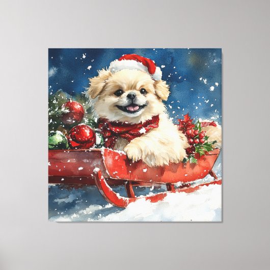 Pekinees Hond in Sledge Laat het Sneeuw Kerstmis Canvas Afdruk (Voorkant)
