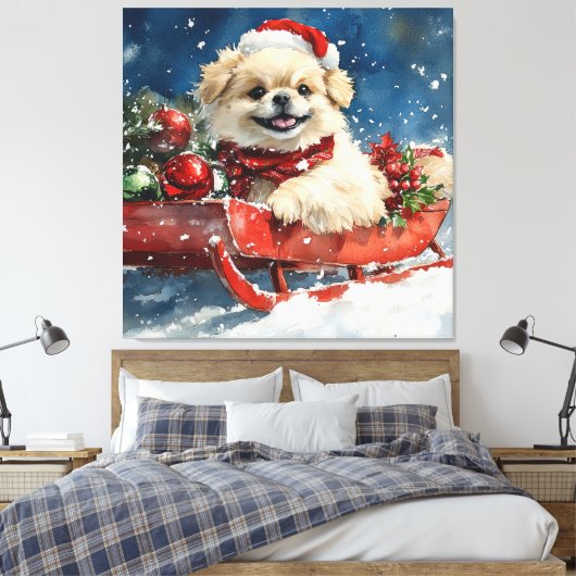 Pekinees Hond in Sledge Laat het Sneeuw Kerstmis Canvas Afdruk (Insitu (Slaapkamer))