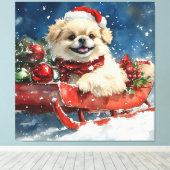 Pekinees Hond in Sledge Laat het Sneeuw Kerstmis Canvas Afdruk (Insitu (Houten vloer))