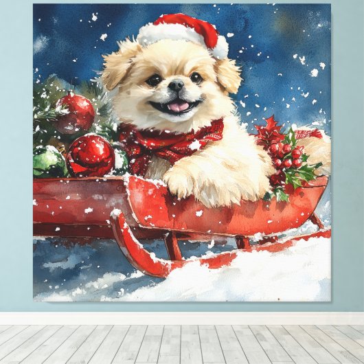 Pekinees Hond in Sledge Laat het Sneeuw Kerstmis Canvas Afdruk (Insitu (Houten vloer))