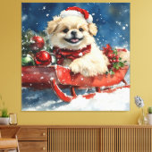 Pekinees Hond in Sledge Laat het Sneeuw Kerstmis Canvas Afdruk (Insitu (Woonkamer))