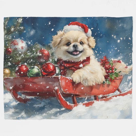 Pekinees Hond in Sledge Laat het Sneeuw Kerstmis Fleece Deken (Voorkant (Horizontaal))