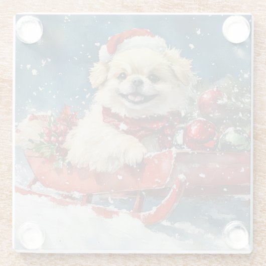 Pekinees Hond in Sledge Laat het Sneeuw Kerstmis Glazen Onderzetter (Achterkant)