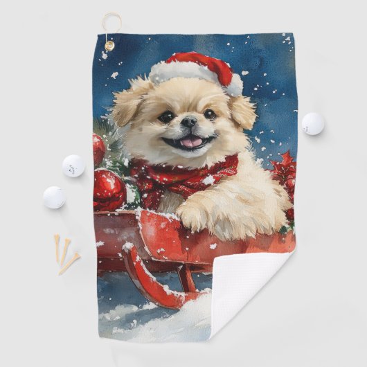 Pekinees Hond in Sledge Laat het Sneeuw Kerstmis Golfhanddoek (Insitu)