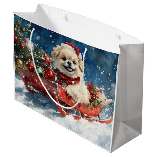 Pekinees Hond in Sledge Laat het Sneeuw Kerstmis Groot Cadeauzakje (Achterkant Gekanteld)