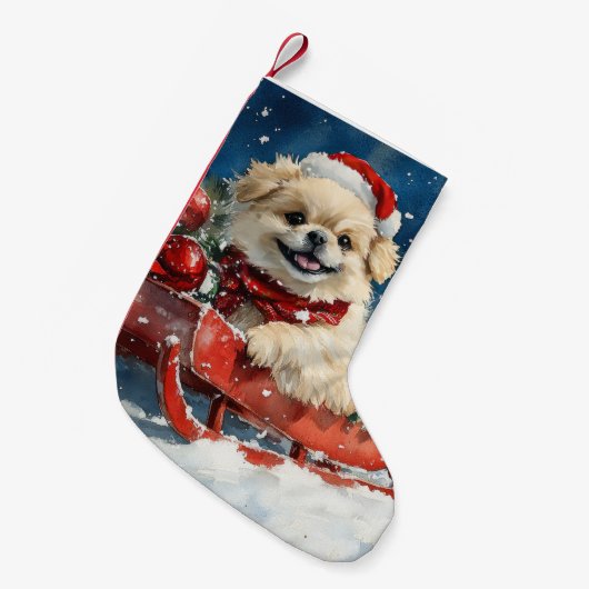 Pekinees Hond in Sledge Laat het Sneeuw Kerstmis Kleine Kerstsok (Voorkant (Hangend))