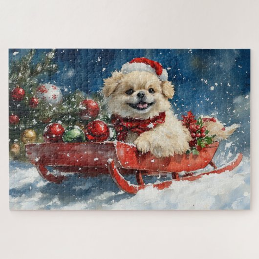 Pekinees Hond in Sledge Laat het Sneeuw Kerstmis Legpuzzel (Horizontaal)