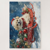 Pekinees Hond in Sledge Laat het Sneeuw Kerstmis Legpuzzel (Verticaal)
