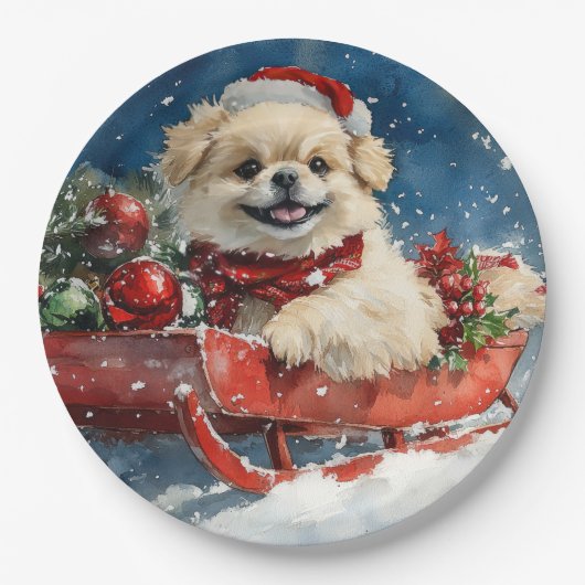 Pekinees Hond in Sledge Laat het Sneeuw Kerstmis Papieren Bordje (Voorkant)