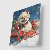 Pekinees Hond in Sledge Laat het Sneeuw Kerstmis Vierkante Klok (Hoek)