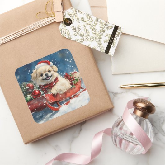 Pekinees Hond in Sledge Laat het Sneeuw Kerstmis Vierkante Sticker (Geschenken)