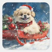 Pekinees Hond in Sledge Laat het Sneeuw Kerstmis Vierkante Sticker (Voorkant)