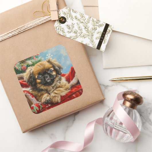 Pekinees Hond Kerst Festiviteit Vierkante Sticker (Geschenken)