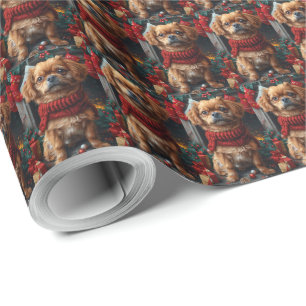 Pekinees hond met kerstcadeaus open haard cadeaupapier