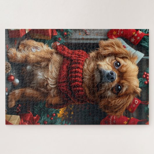 Pekinees hond met kerstcadeaus open haard legpuzzel (Horizontaal)